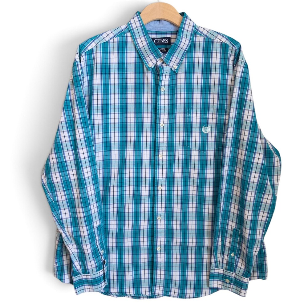Chaps Mens Shirt XXL 2XL Teal Blue Plaid Stretch Easy Care Long Sleeve Casual